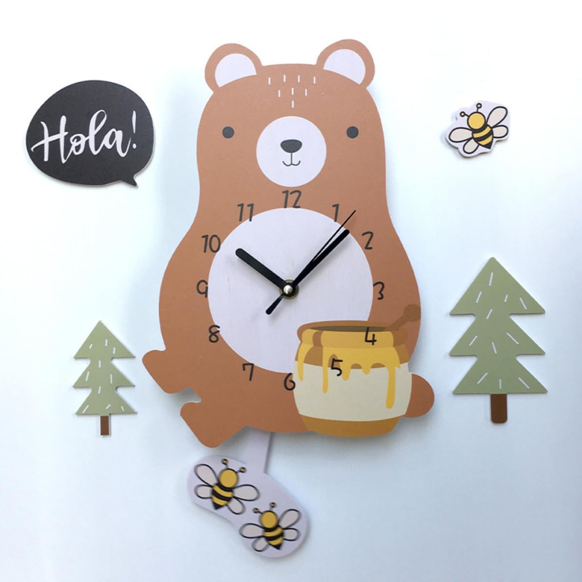 DOITOOL 1pieza Reloj Colgante Silencioso para Habitación Infantil con Diseño de Oso Cartoon Reloj de Pared para Niña Nursery y Aula Decoración Moderna y Ecológica