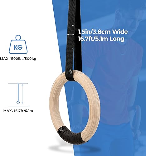Miniatura 3 de LIFERUN Anillos de gimnasia, anillos olímpicos de madera de 1100 libras con hebilla de metal ajustable, correas de 16.7 pies de largo, anillos de