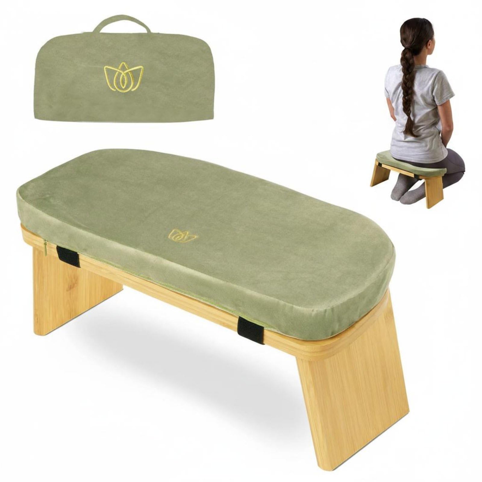 Enakshi Soft Padded Cushion Wooden Kneeling Bench Ergonomic Design Cushioned Meditation Seat Includes Carrying Bag Bamboo Meditation Stool for Meditators, Grn Embroidered Logo-image-15