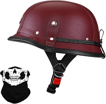 Novelty German Style Leather Helmet Adults Retro Motorcycle Half Helmet DOT Approved Street Crash Open Face Motorbike Helmets for Men Women Cruiser Scooter Chopper Moped Vintage Skull Cap