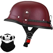 Novelty German Style Leather Helmet Adults Retro Motorcycle Half Helmet DOT Approved Street Crash Open Face Motorbike Helmets for Men Women Cruiser Scooter Chopper Moped Vintage Skull Cap