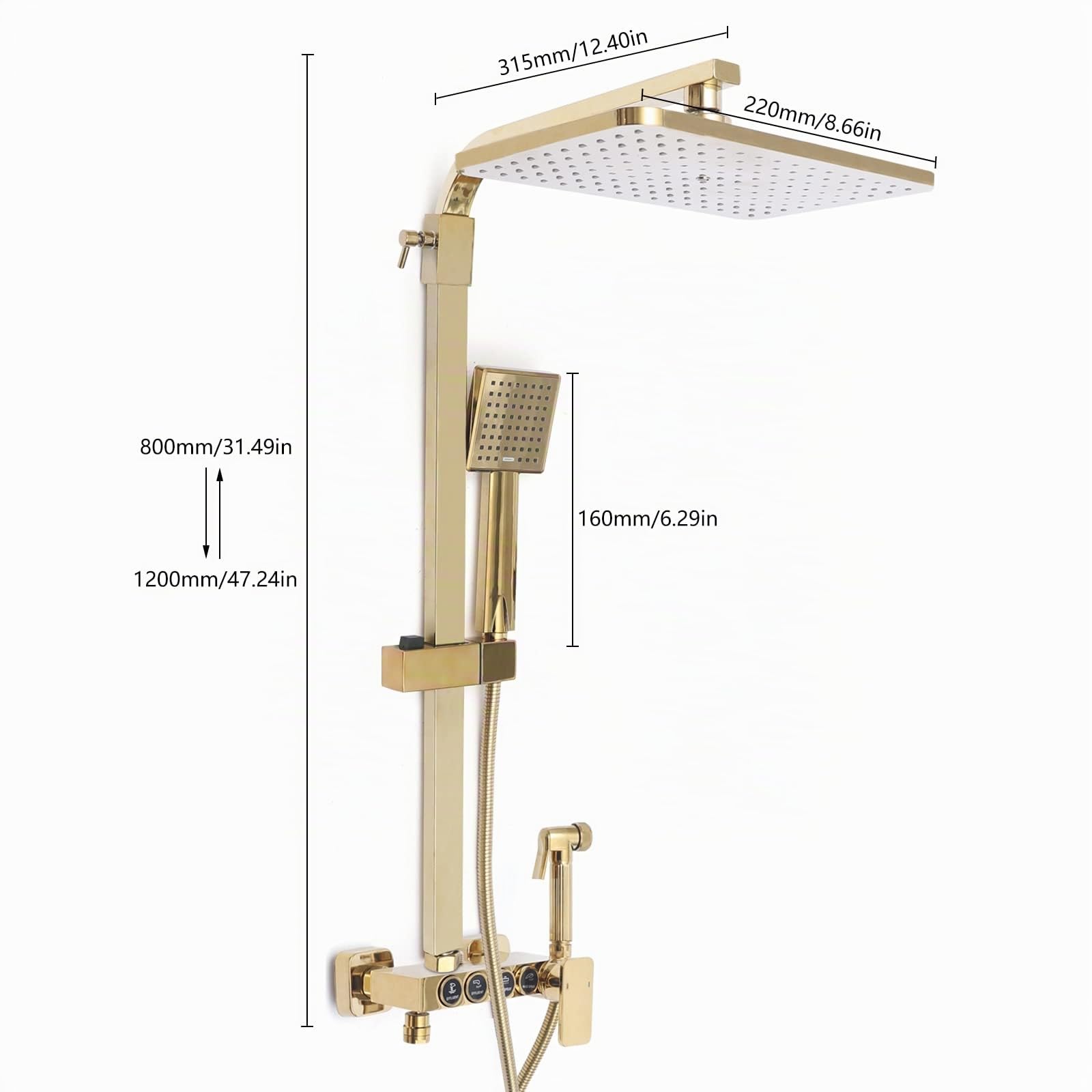 Sistema doccia dorato, regolabile in altezza (80-120 cm), set da parete con 4 funzioni, uscita acqua, doccia a pioggia, doccetta, rubinetto per vasca da bagno, bidet doccia