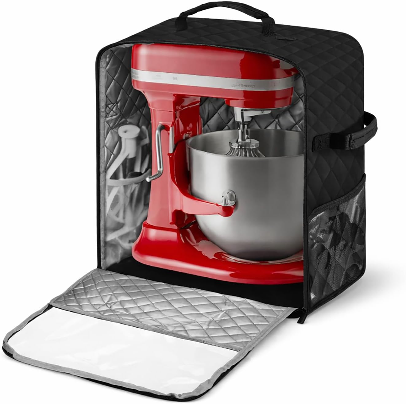 Stand Mixer Dust Cover Compatible with Kitchen Aid, Fits Tilt-Head & Bowl-Lift Models, Quilted Cotton Fabric, Top Handle, Storage Pockets (Black, Fits for 6-8 Quart)