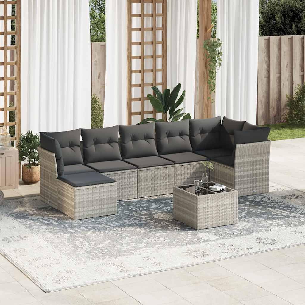 Juego de 8 sofás de jardín con cojines gris claro de poliratán, sofá de jardín con fundas extraíbles y espacio de almacenamiento impermeable para terraza, resistente a la intemperie