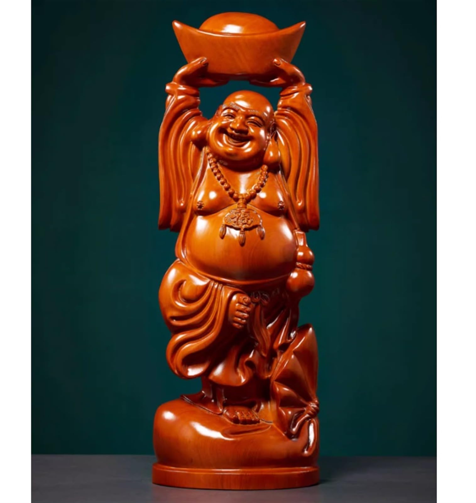 Budas Decorativos Buddha Estatua De Buda Sonriente De Madera para Decoración del Hogar, Estatuilla De Buda Feliz De La Suerte, Decoración De Buda Interior Escultura Adorno Artesanal(22 * 12 * 50cm)