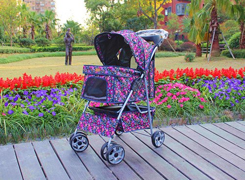 Fashion Flower 4 Wheels Pet Dog Cat Stroller w/RainCover