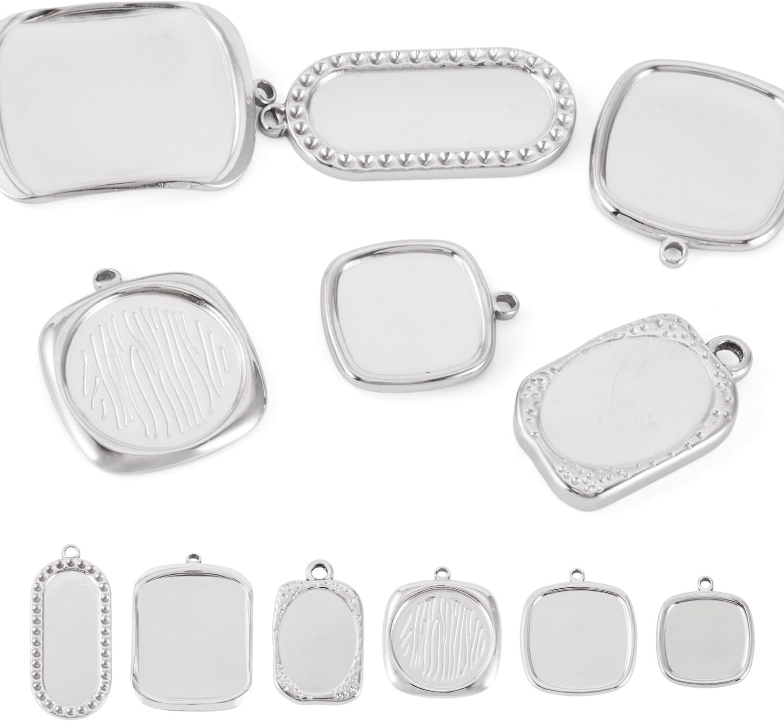 6Pcs Pendant Cabochon Settings 6 Styles Blank Bezel Pendant Trays Rectangle & Oval 304 Stainless Steel Setting for DIY Jewelry Findings Making, Original Color