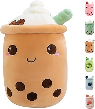 MDXMY Boba Plush Bubble Tea Plush Pillow Soft Cute Pearl Milk Tea Hug Pillow Brown Cream 9.8"