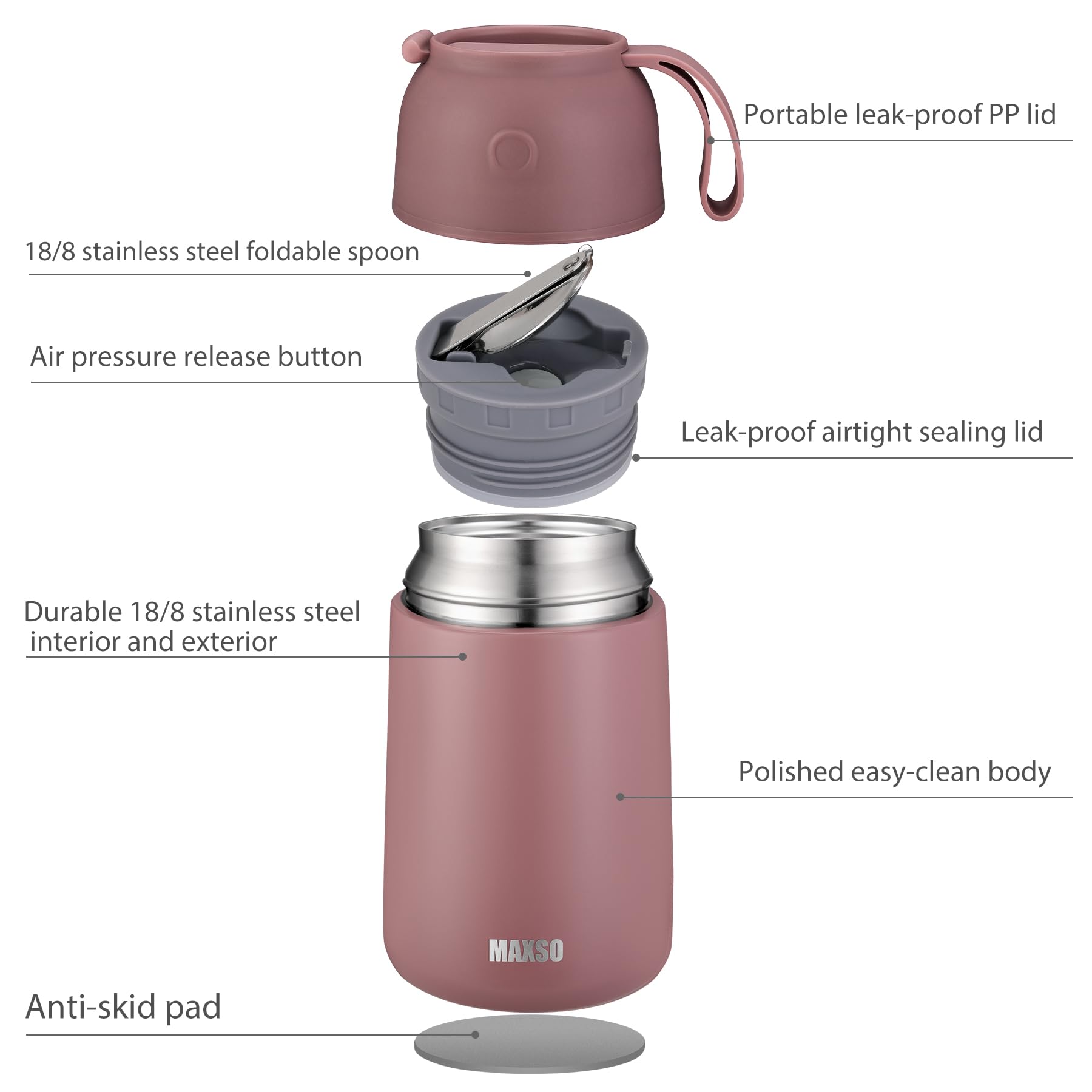 MAXSO Thermobehälter für heiße und kalte Speisen, für Kinder und Erwachsene, vakuumisoliert, Lebensmittelbehälter, Reise-Lebensmittelbehälter mit Löffel, 680 ml, 482 ml, Dusty Rose, 2 Stück