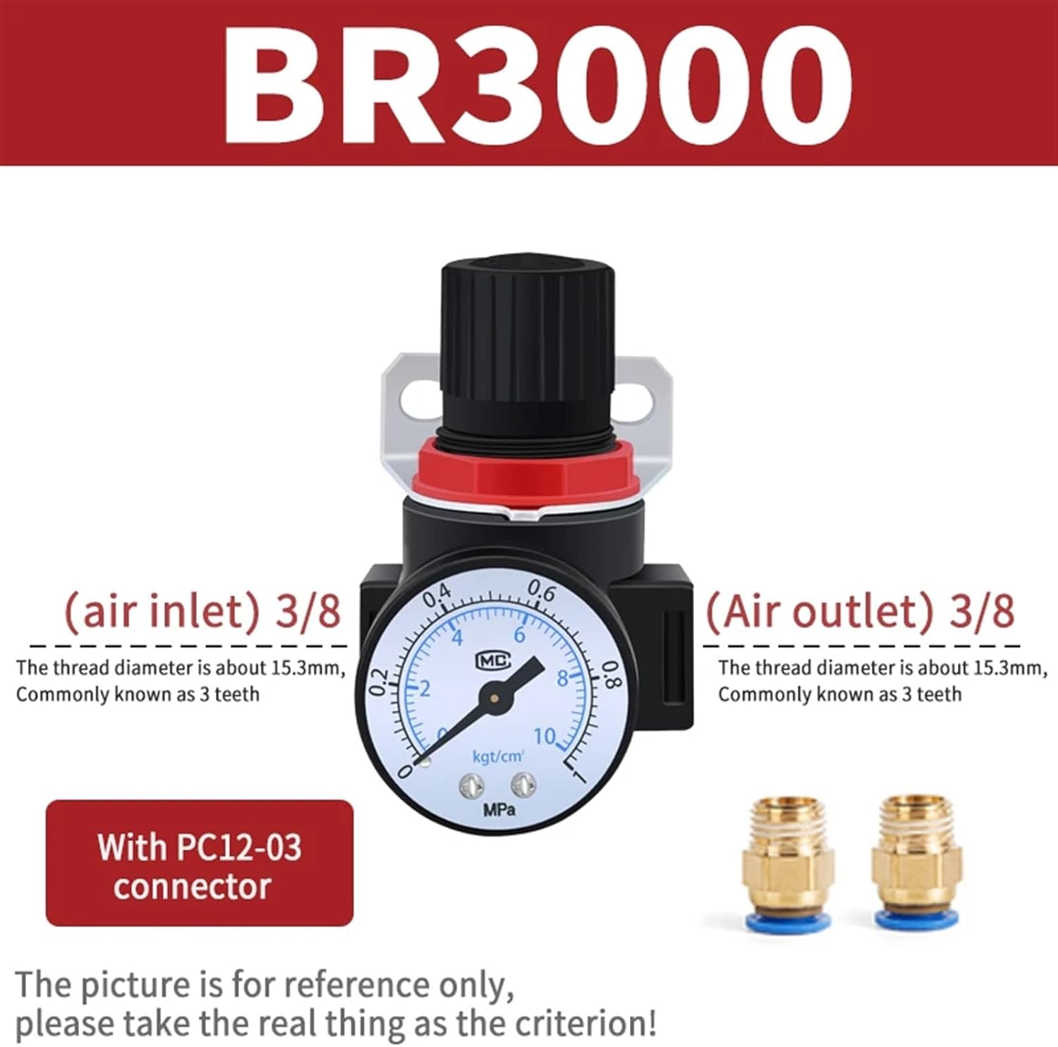 AR2000 BR2000 BR3000 BR4000 1/4" 3/8" 1/2" BSPT Air Treatment Units Valve Gas Pneumatic Regulator(Color:BR3000 PC12)