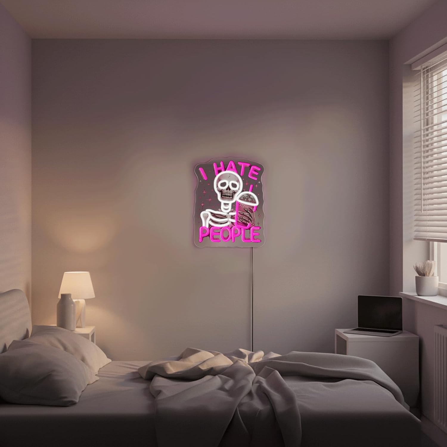 I Hate People Halloween Neon Sign, Halloween Skeleton Neon Light LED Gothic Sign USB Powered Dimmable, for Game Room Bedroom Bar Party Coffee Lover Decor, Birthday Gift(13.3 * 10.6 In)