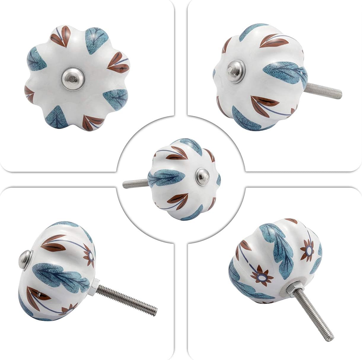 6PCS White Ceramic Cabinet Knobs Set Dresser Drawer Cupboard Pull Handle with Screws (Mulberry Leaf)