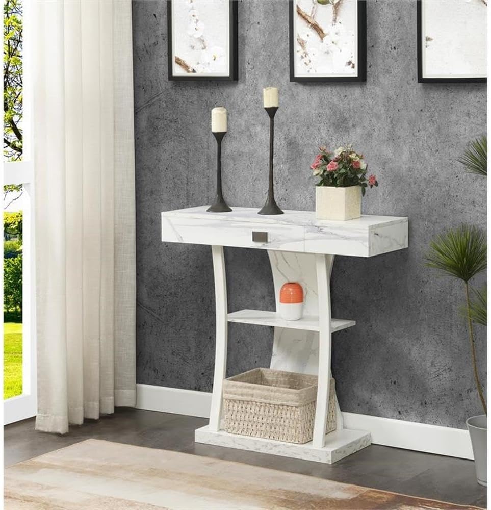 Convenience Concepts Newport Harri Console Table 36" - Modern Sofa Table with Storage Shelves, One Drawer Narrow Entryway Hall Table for Living Room, White Faux Marble/White
