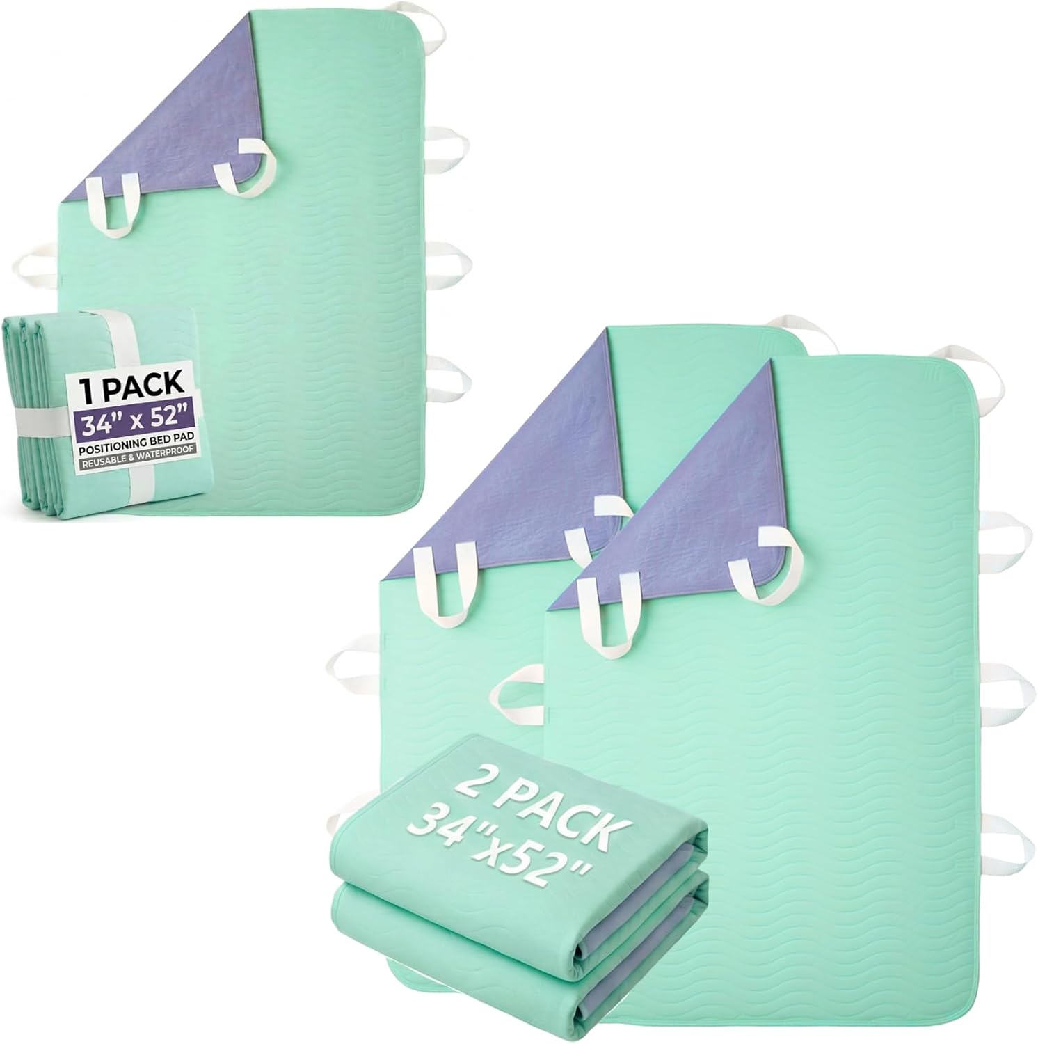 Positioning Bed Pads with 8 Handles (3 Packs 34"x52") - Reusable Waterproof Incontinence Underpads for Elderly, Washable Draw Sheet with Handles for Transferring Turning Lifting Pulling Moving