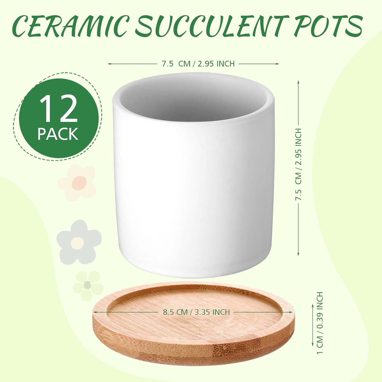 Cindeer 12 Pack Small Succulent Plants Pots 3 Inch Ceramic Flower Planter Pot and Bamboo Tray with Drainage Hole for Succulents Cactus Indoor Garden Decorations, Plant Not Included(White)