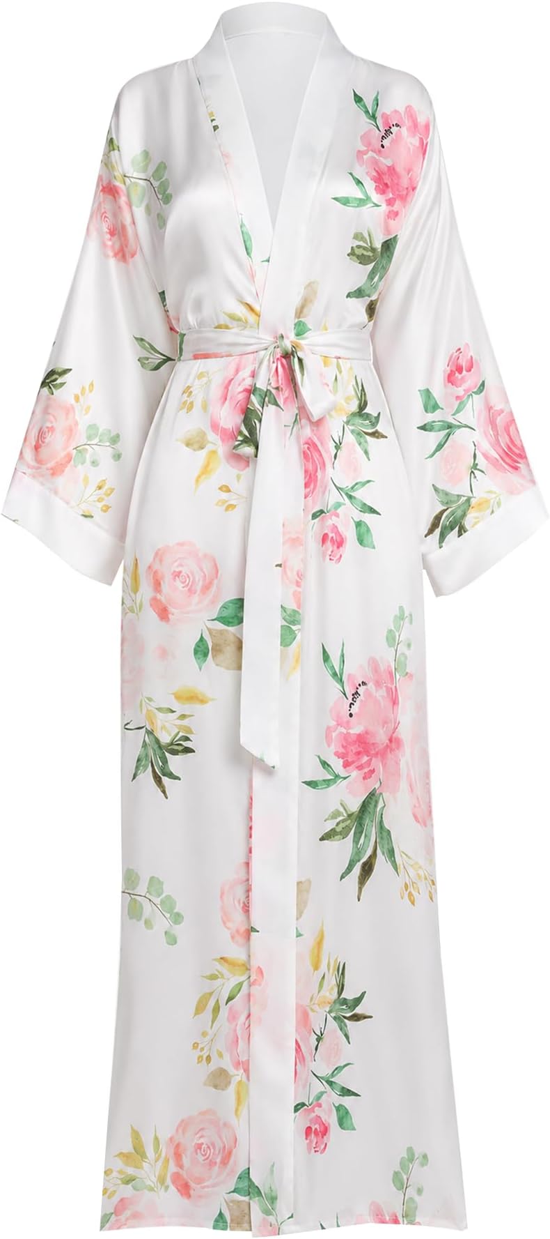 Aensso Long Floral Kimono Robe for Women Silky Lightweight Satin Lounge Robe with Elegant Drape for Bridal, Spa& Lounging