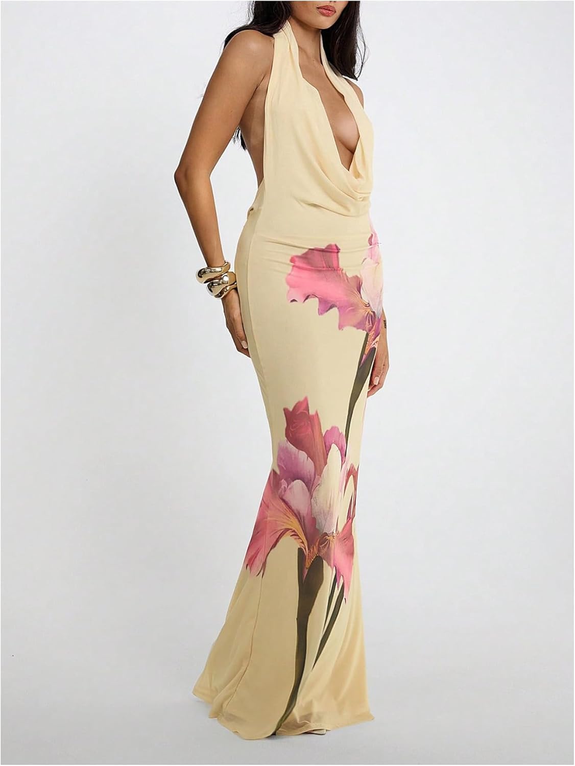 Floerns Women's Floral Deep V Neck Halter Dress Fishtail Draped Open Back Party Maxi Dresses - Image 2