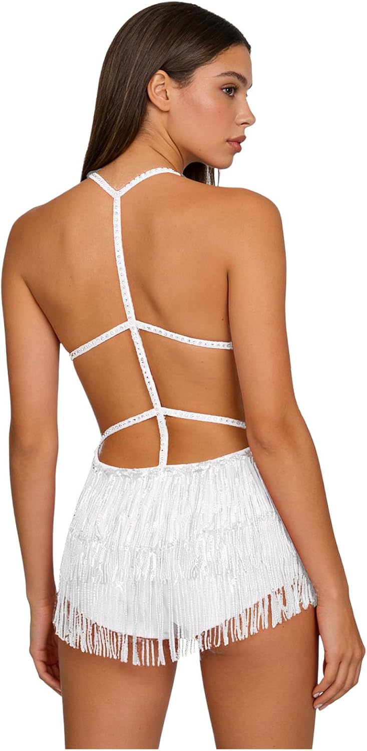 Lejafay Women's Belly Latin Dance Costume Spaghetti Straps Glitter Sequin Fringe Bodysuit Dancewear