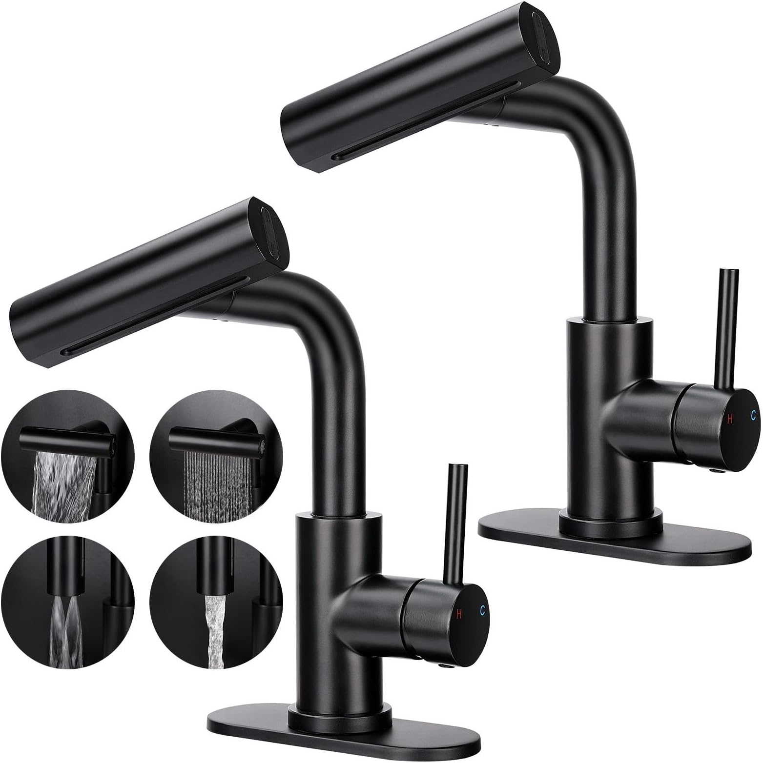 Bietor Bathroom Sink Faucet with 4 Mode Pull Down Sprayer, Matte Black Single Handle Pull Out Faucet with Pop-Up Drain, 1 or 3 Hole Laundry Bar Basin Faucet with Deck Plate
