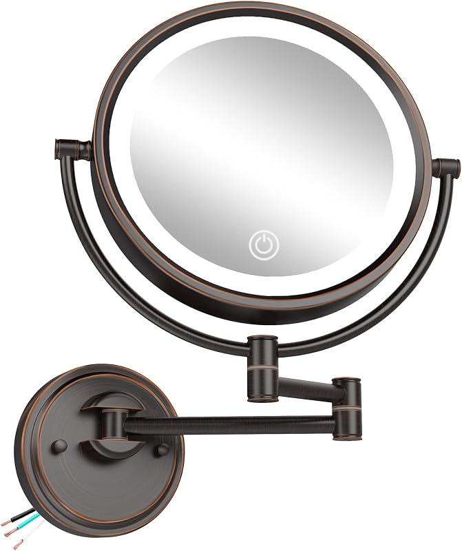 Espelho de maquiagem de parede BrassyColux com braço extensível, iluminação LED e ampliação 1X/5X, acabamento Oil Rubbed Bronze