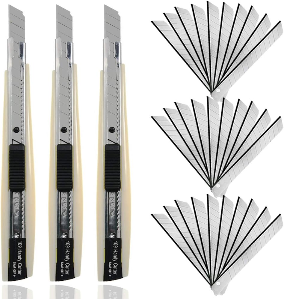 30Pcs Snap Off Utility Knife Blades with 3 Pcs Delicate 9mm Auto Lock Art Knives Craft Cutters Box Paper Cutters Graphic Knife for Office Home Garage Warehouse,White