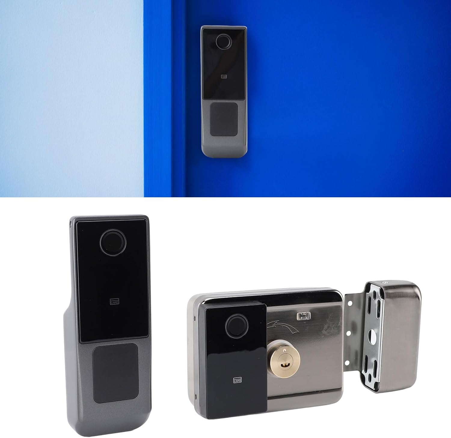 Qcwwy Smart Lock installed on a blue door.