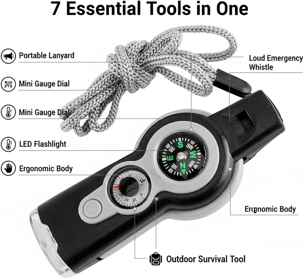 Emergency Whistle 7-in-1, Survival Whistle with Compass, Thermometer, LED Light, Magnifier, Mirror & Storage for Hiking, Camping, Fishing, Kayaking