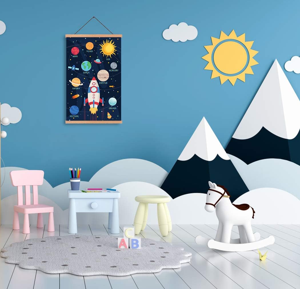 CHDITB Outer Space Art Print,Cartoon Planet Magnetic Natural Wood Hanger Frame Poster,Canvas Colorful Painting 28X45cm Wall Hanging Art Print for Kids Room Nursery Classroom Decor image 4