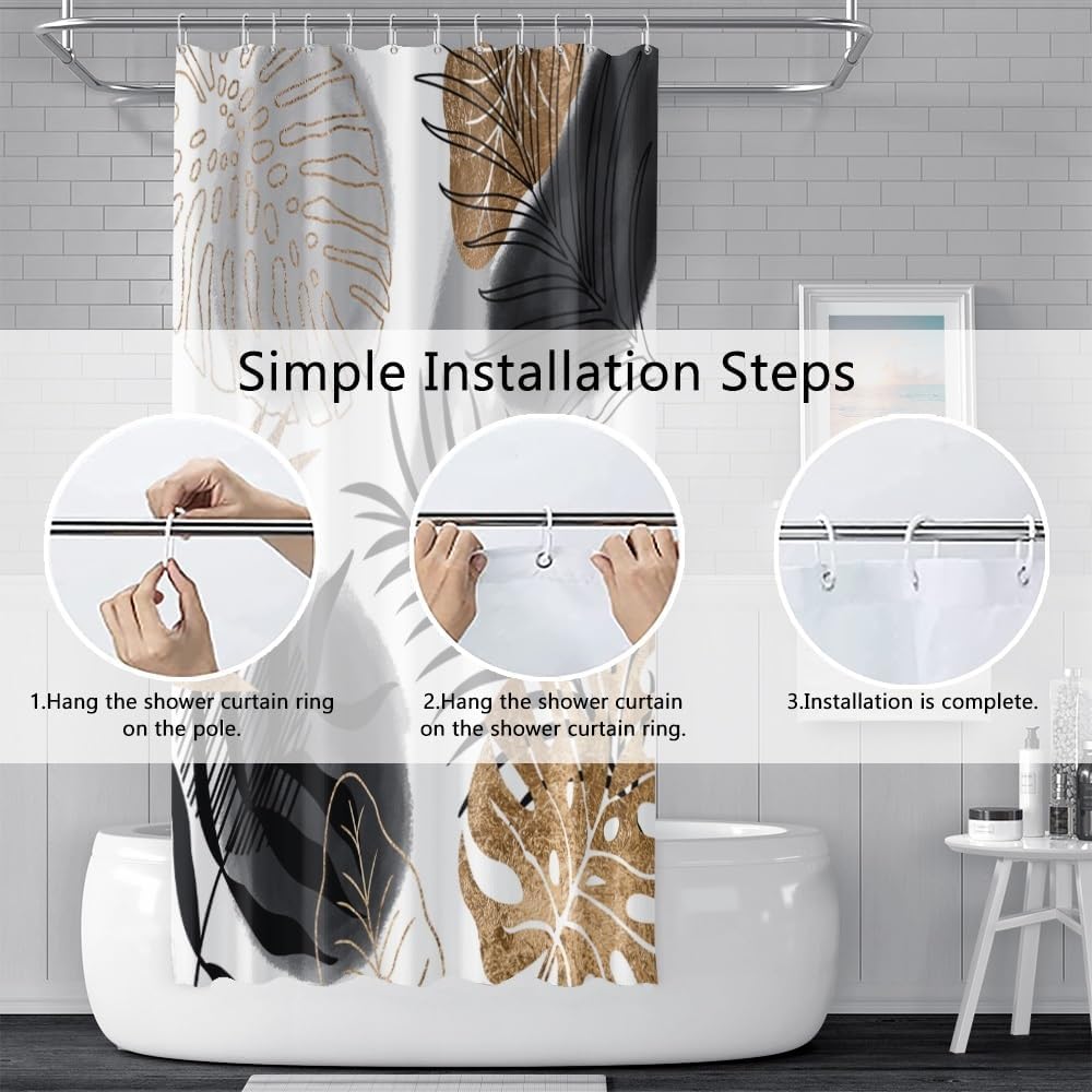Boho Shower Curtains for Bathroom Mid Century Gold Grey Tropical Palm Leaves Minimalist Hotel Dorm Modern Waterproof Fabric Shower Curtain Set with Hooks 72x96 inches