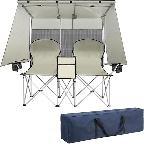 Miniatura 8 de ptlsy Silla de campamento doble con toldo, asiento plegable para dos personas, sofá biplaza portátil para exteriores con sombra, sillas plegables
