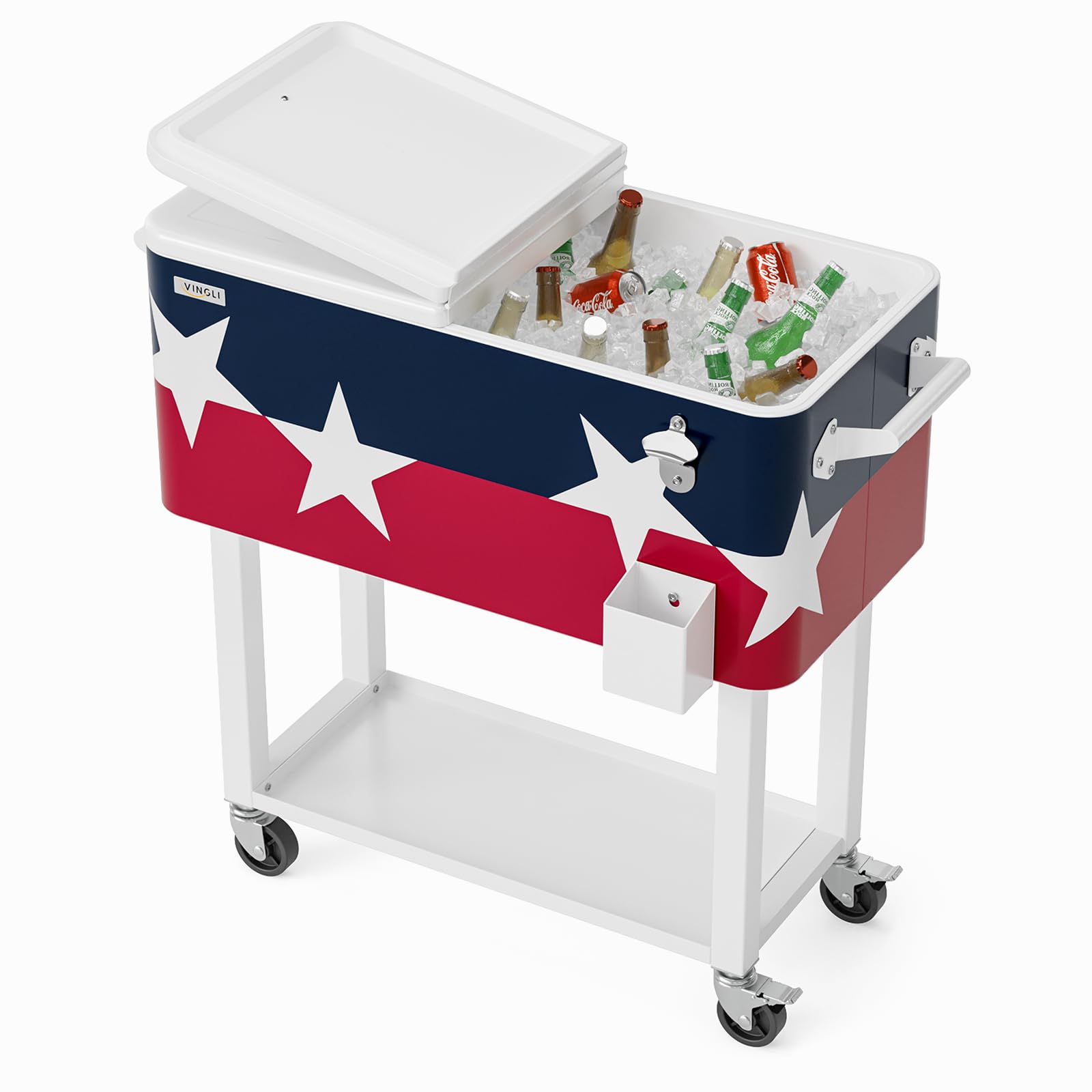 VINGLI 80 Quart Rolling Ice Chest, Portable Patio Party Bar Drink Cooler Cart, with Shelf, Beverage Pool with Bottle Opener