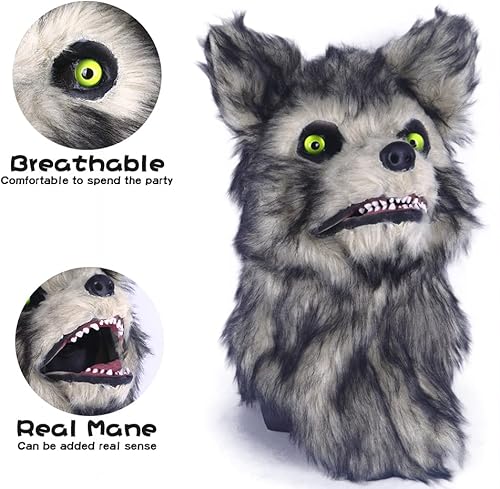 Miniatura 4 de Cosermart Máscara de lobo de zorro peludo, máscaras divertidas para perros, oso aterrador, mandíbula móvil realista, cabeza de animal de piel