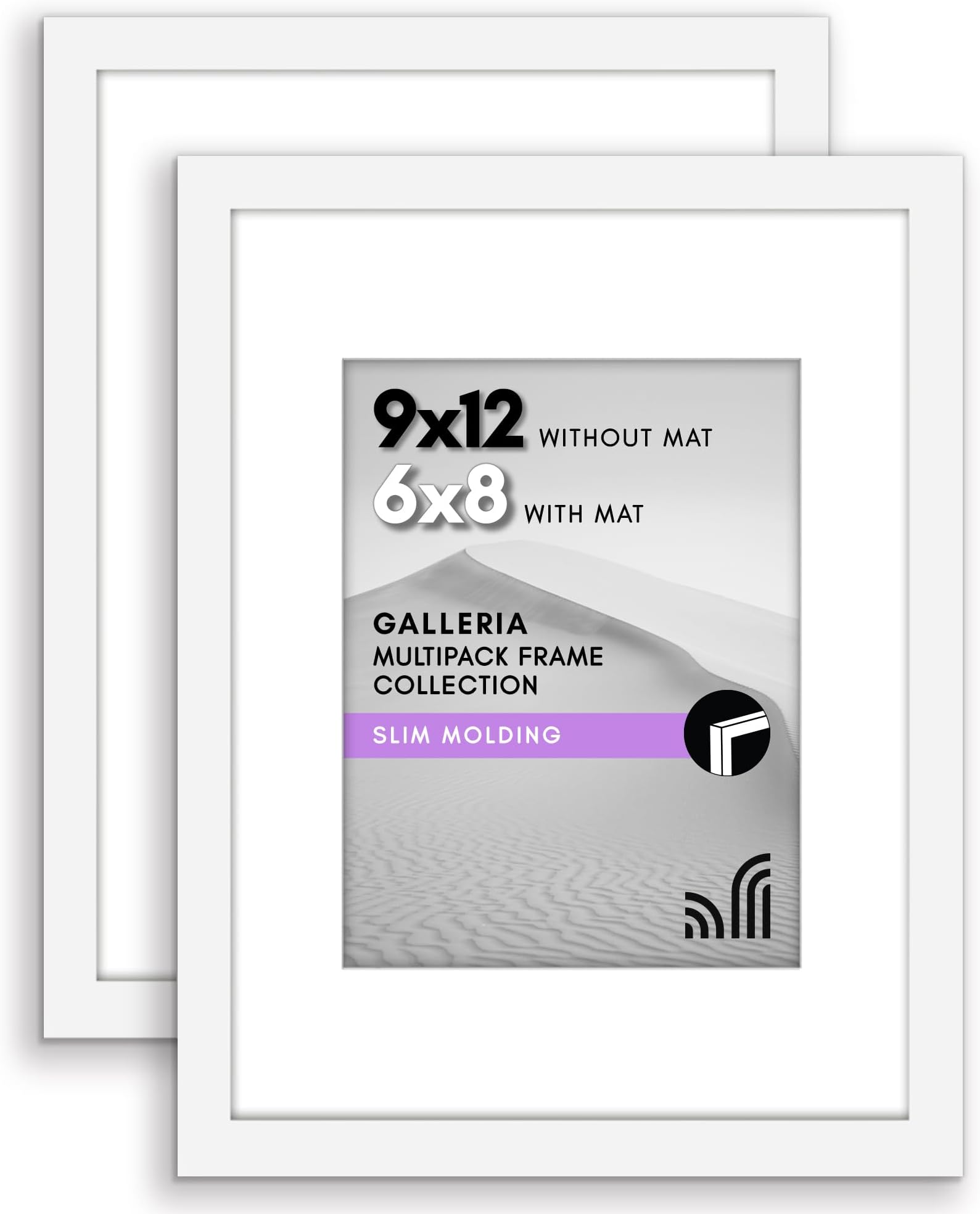 9x12 Picture Frame with Polished Plexiglass - Set of 2 - Use as 6x8 Frame with Mat or Display 9x12 Photo Without Mat - Galleria Collection - Picture Frames for Wall Display - White
