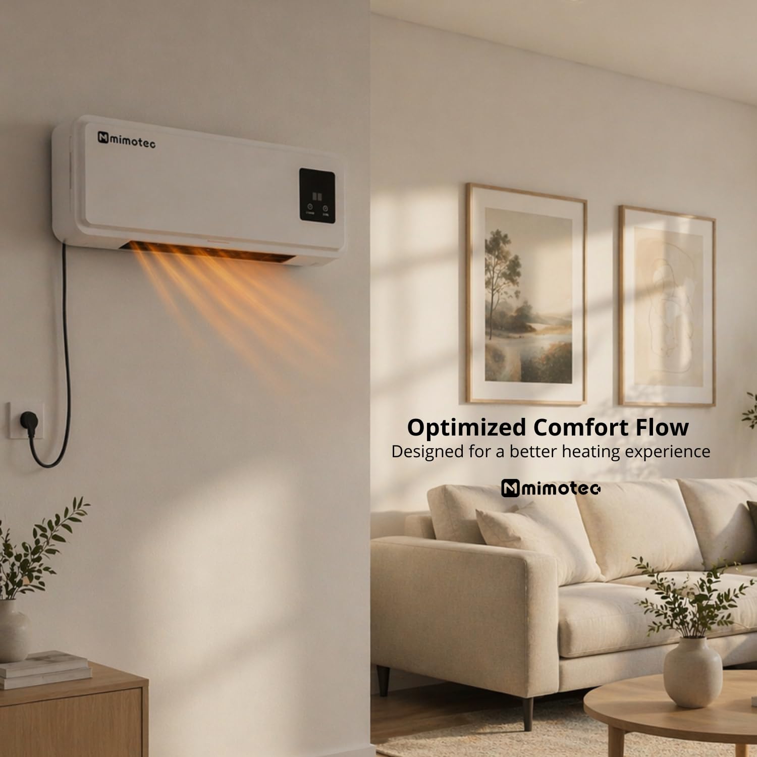 M mimotec - Chauffage mural électrique Muro 2000W, silencieux <45 dB, avec télécommande, écran LED et minuterie, IPX2 et anti-surchauffe, radiateur mural pour intérieur, Blanc