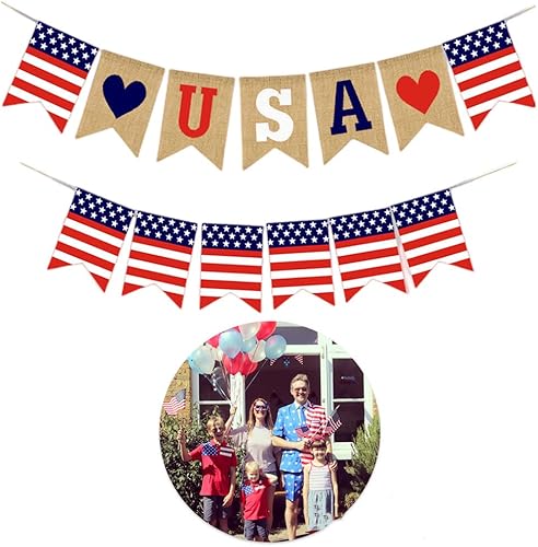 Miniatura 4 de Banderas de banderines de Estados Unidos para exteriores del 4 de julio, bandera plisada de abanico de Estados Unidos (bandera de cáñamo, 2 piezas)