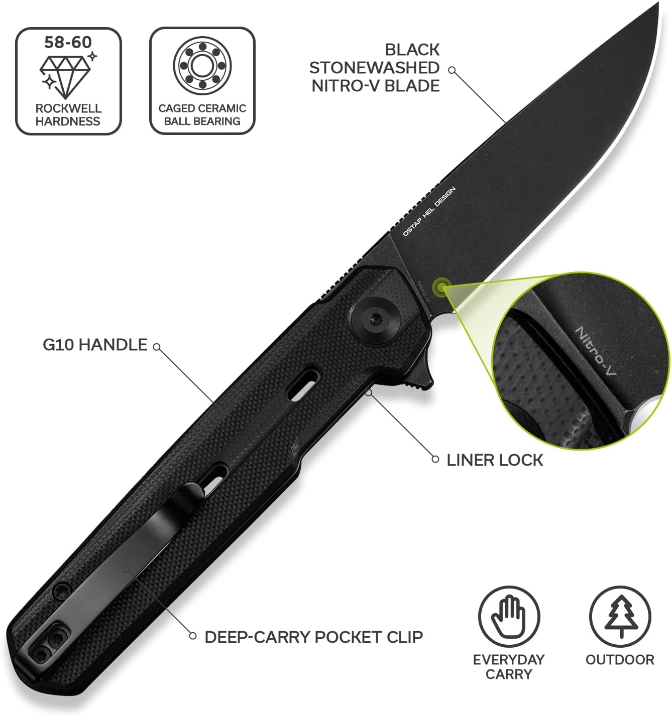 CIVIVI Navo Pocket Knife for EDC, 3.25" Nitro-V Blade G10 Handle with Reversible Clip, Folding Knife for Men Women C25015A-1, Black