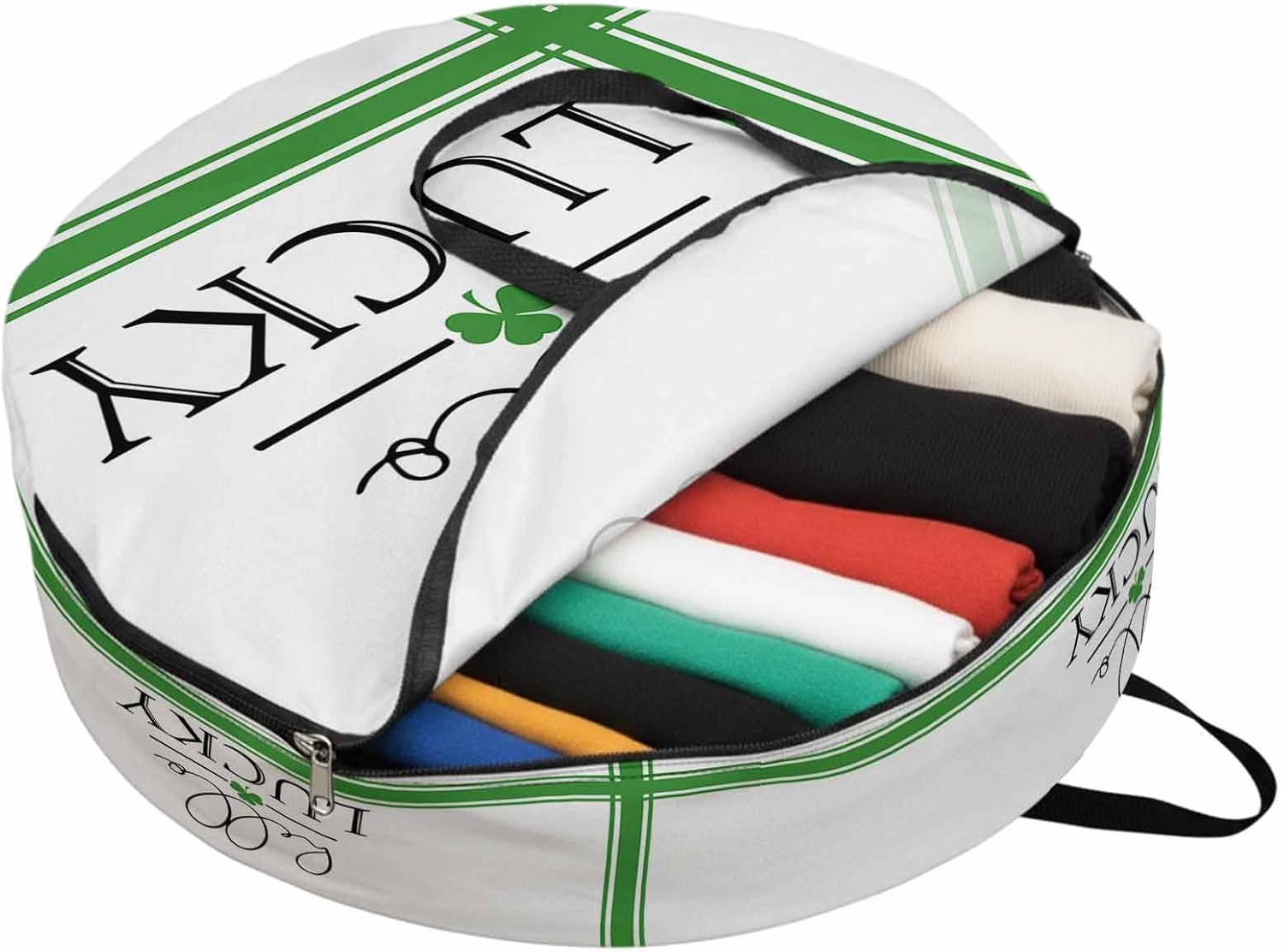 St.Patrick's Day Round Storage Bag 36 Inch, Hello Lucky Green Stripes Clothes Storage Container with Handles Heavy Duty Organizer for Comforter, Bedding & Holiday Wreaths