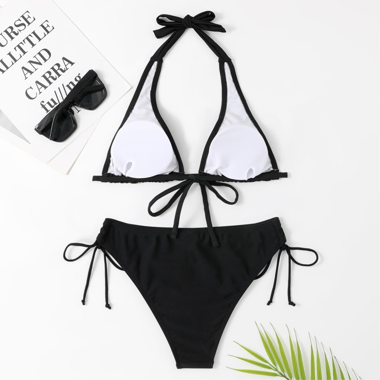 Bikini Mujer Mujeres Halter Triángulo Set Corbata Lateral Inferior Dos Piezas Traje De Baño Ropa Playa-Black-l