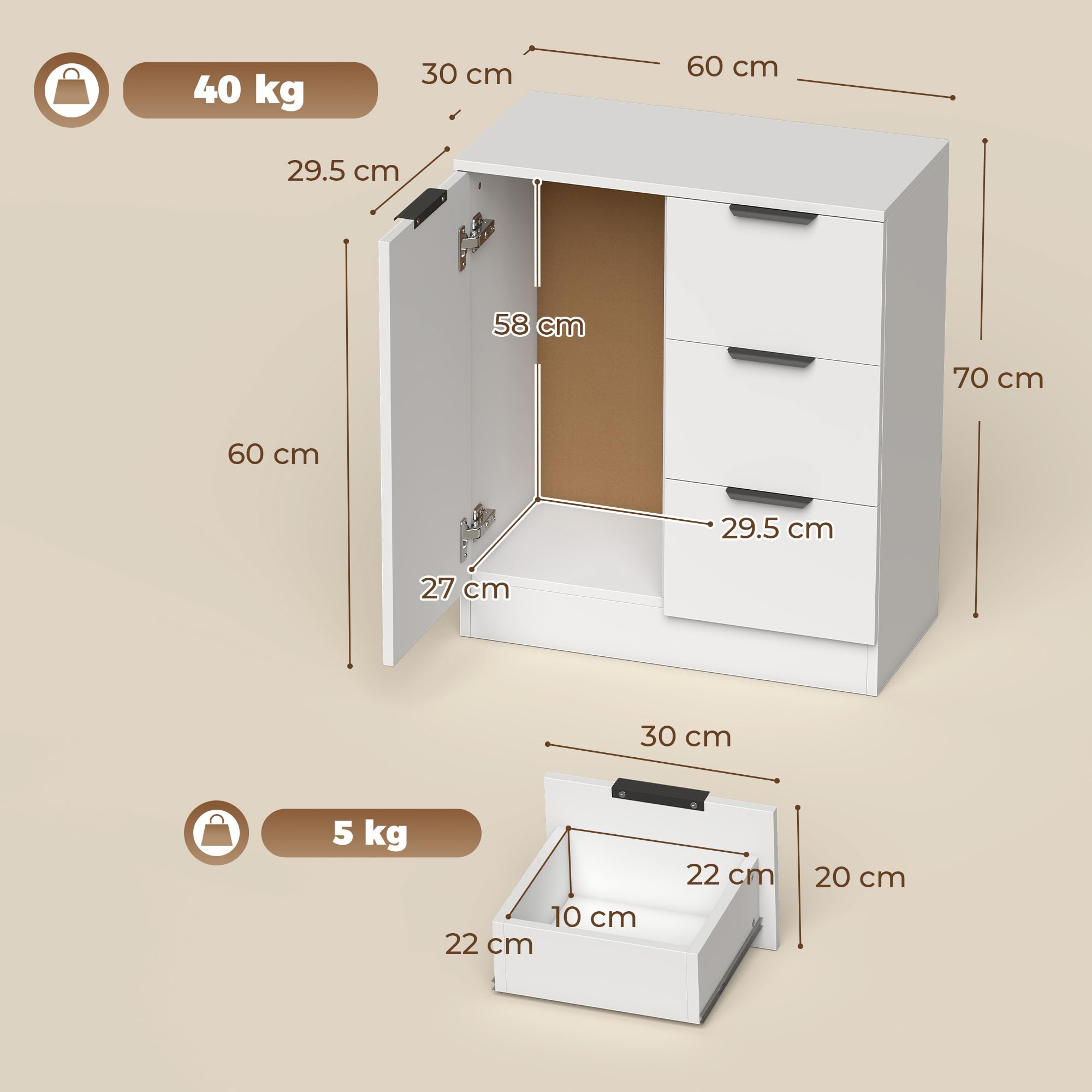 HOMCOM Buffet de Salon étroit, Meuble de Rangement avec 3 tiroirs et Porte à Fermeture en Douceur, Blanc