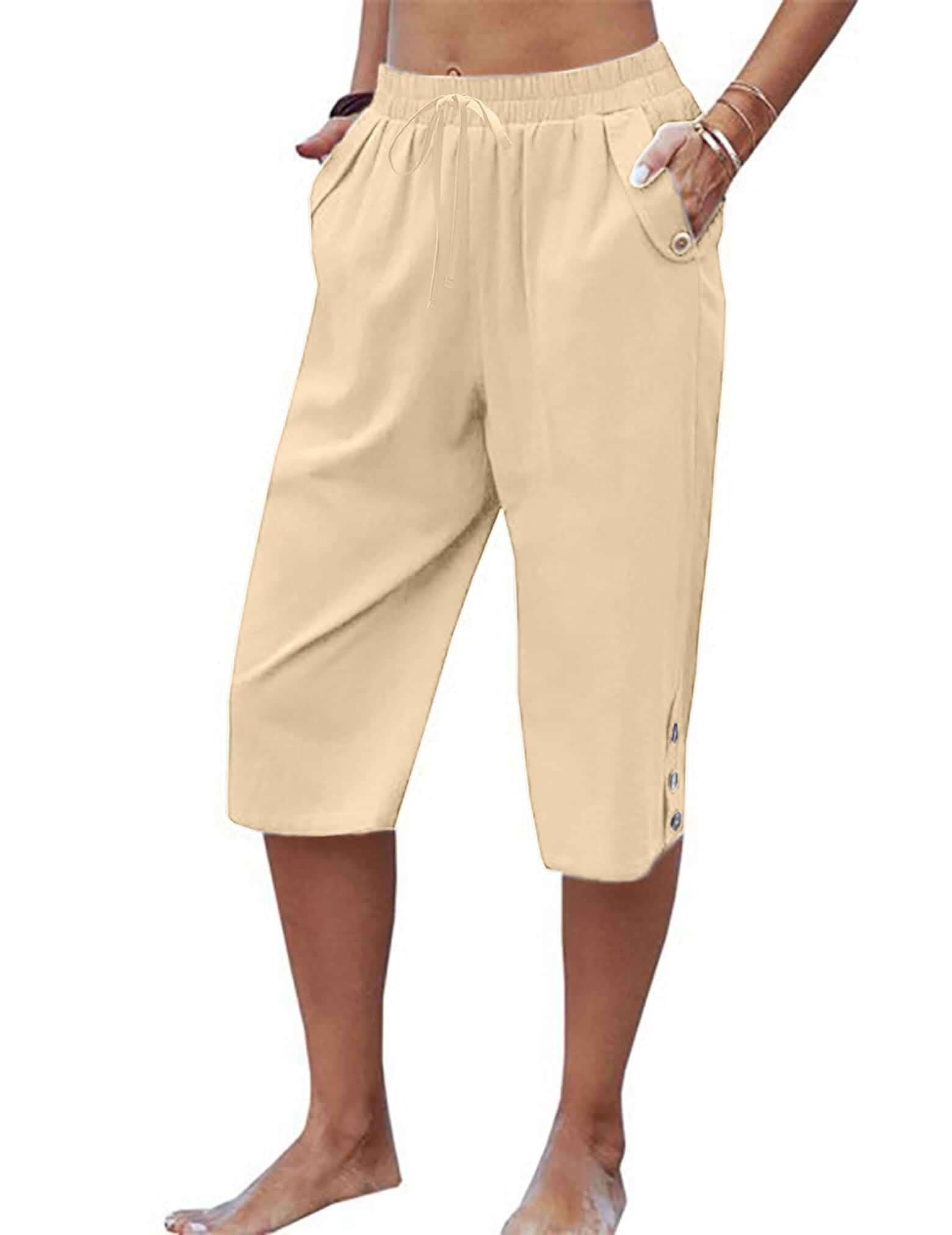 Larmliss Womens Casual Capri Pants Elastic Waist Solid Color 3/4 Wide Leg Summer Trousers with Pockets