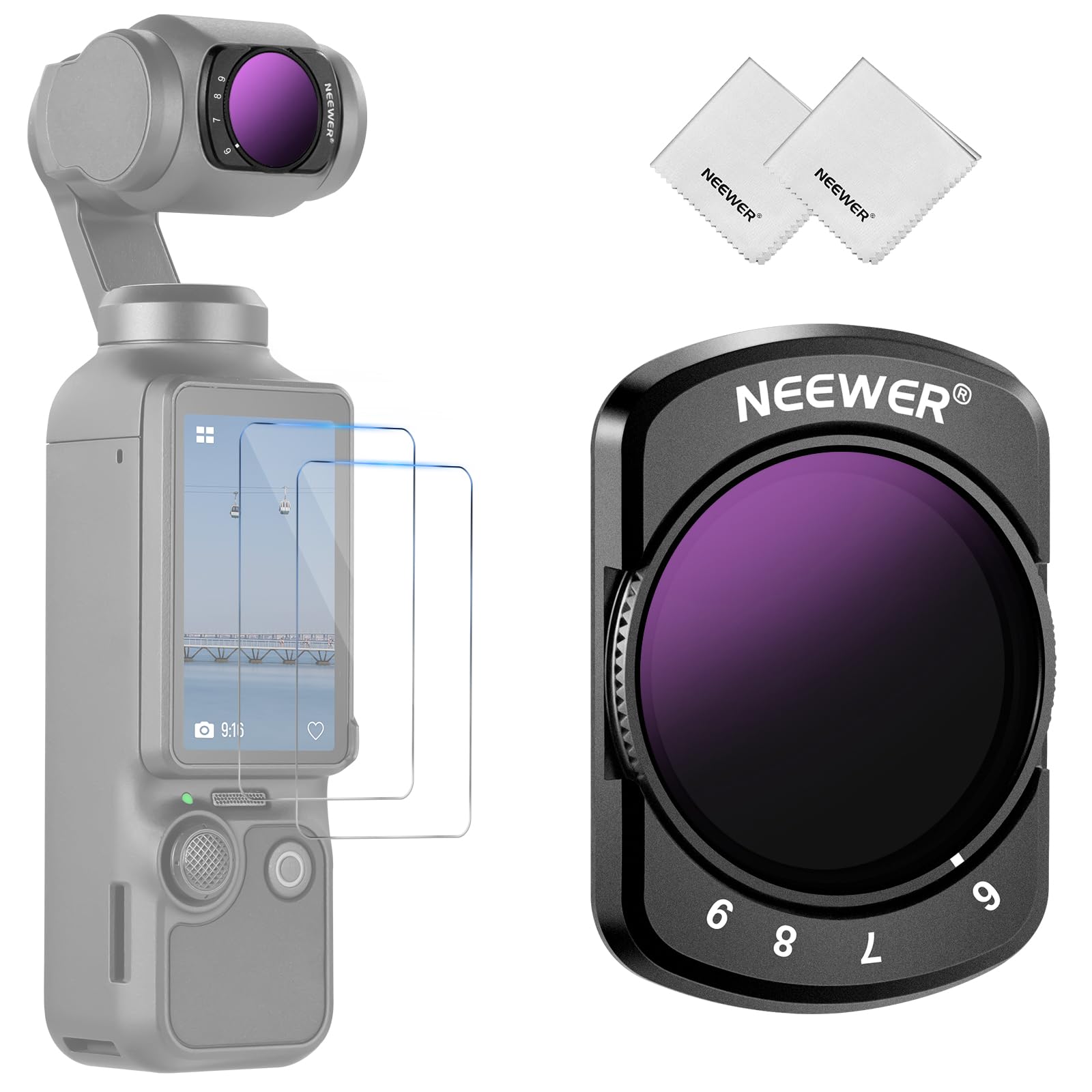 NEEWER Variabler ND Filter, kompatibel mit DJI Osmo Pocket 3 / Pocket 4 / Xtra Muse, magnetischer, Einstellbarer ND64-512 Neutraldichtefilter mit Displayschutzzubehör