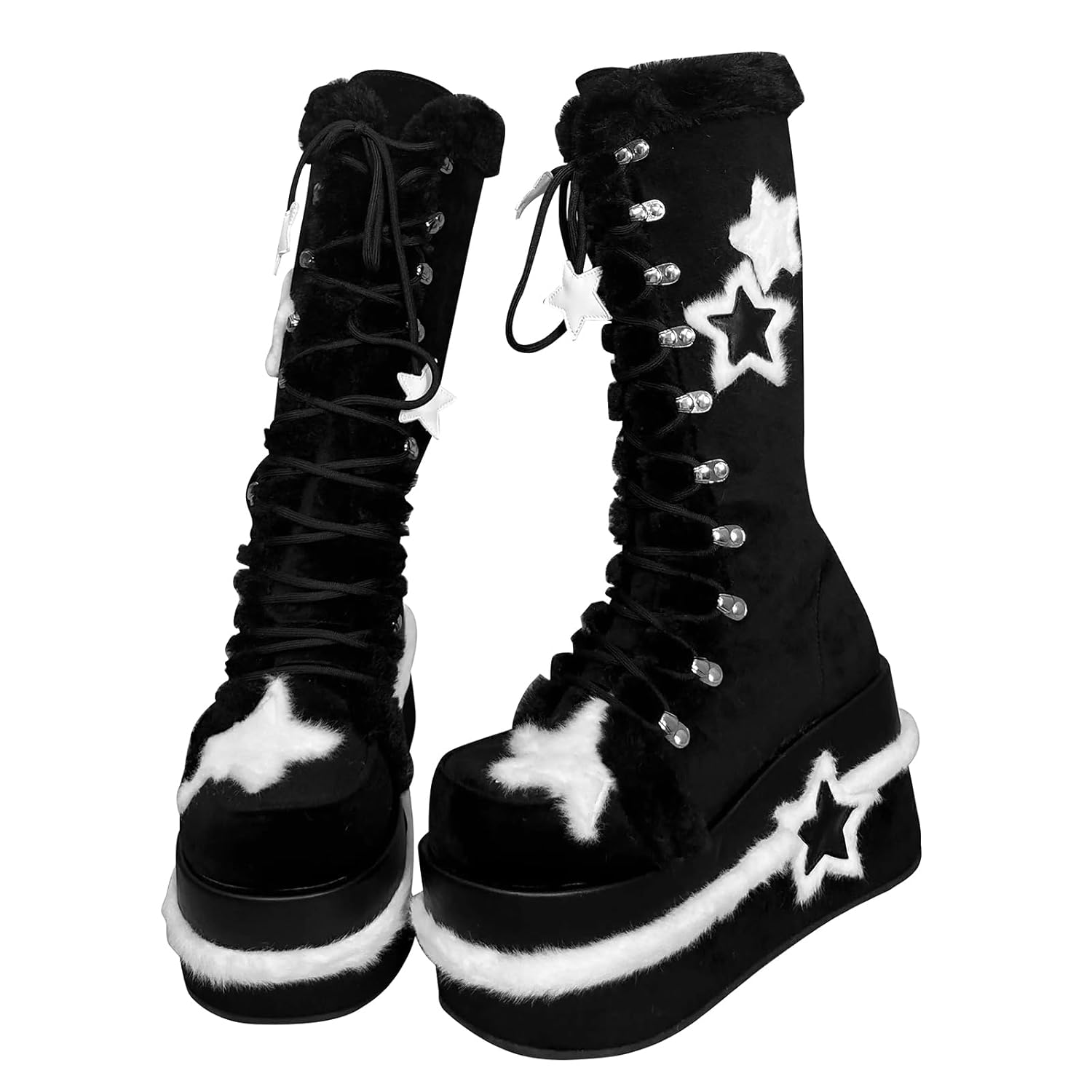 GURURU Womens Goth Boots with Bone Shape Elements - Mid Calf Chunky High Heel Punk Goth Warm Fur