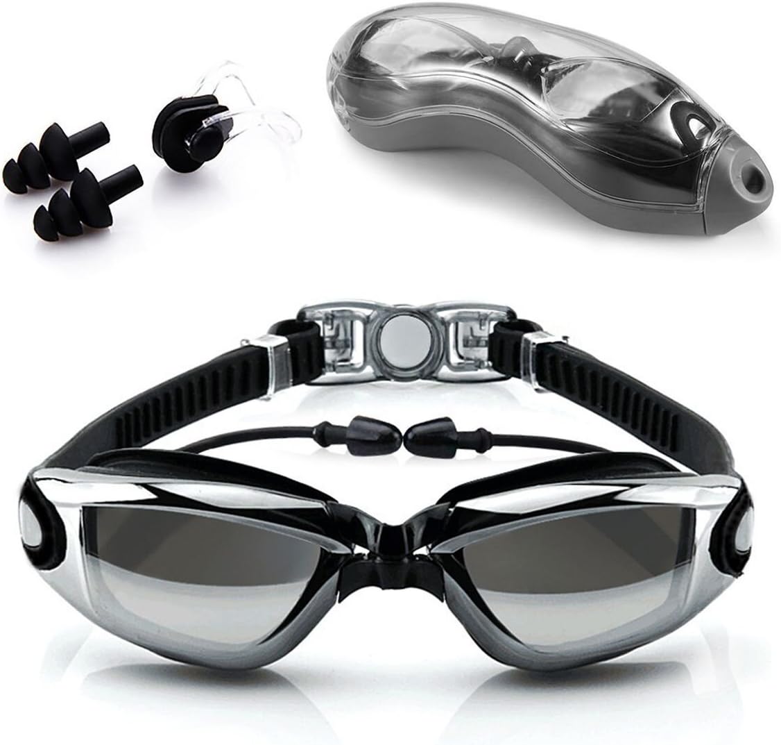 New Corrective Swimming Goggles with Ear Plug connect to-100% Highest Grade UV Protection Anti-Rays and Anti-fog - Ideal for All Types of Water, Pool, Water Sports (black)