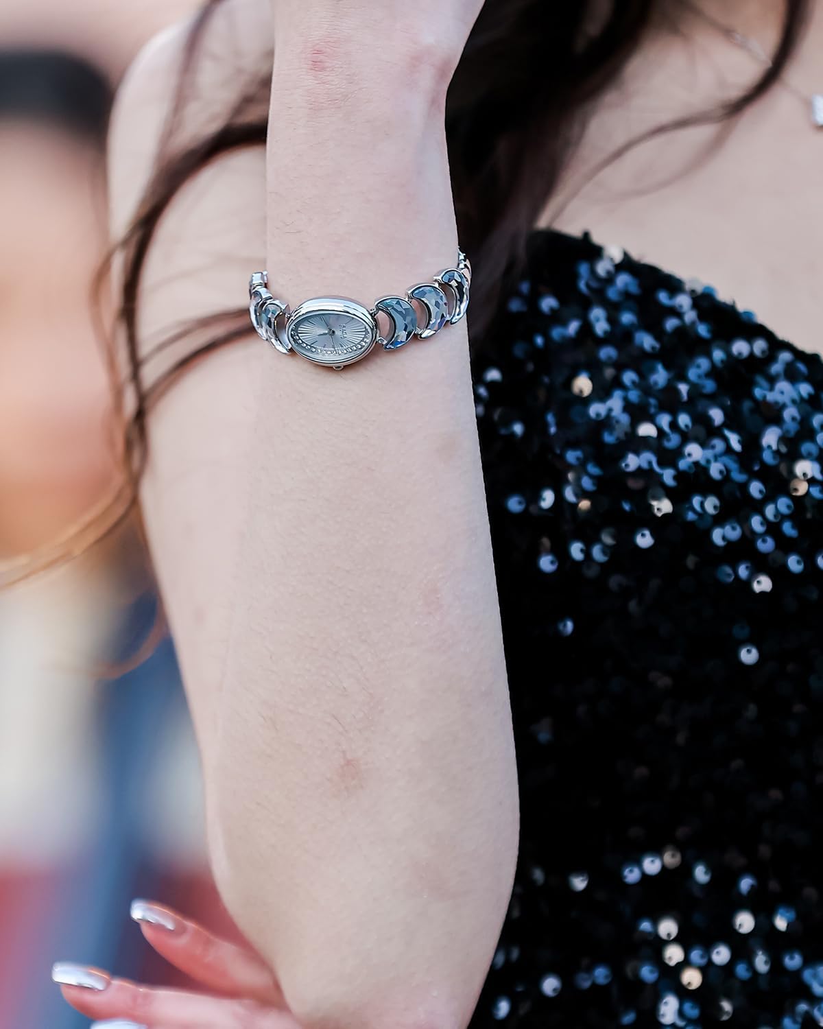 SAGA Luna Women's Watch with Moon-Shaped Bracelet and Danube Crystals - Elegant Timepiece Featuring Swiss Movement, Adjustable Strap, and Water Resistance