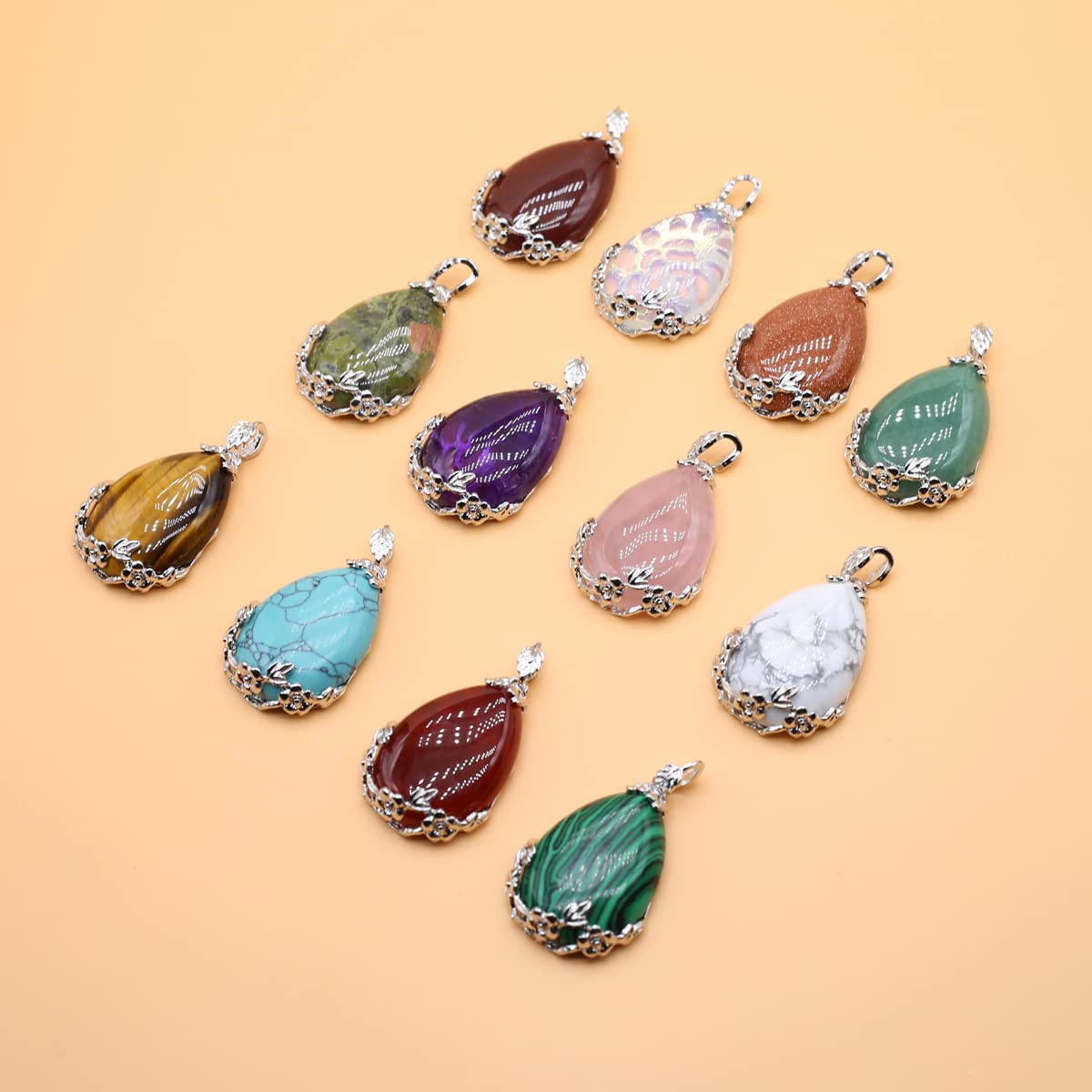 Colgantes de piedra natural, colgantes en forma de gota de agua, dijes de piedra para hacer joyas DIY, 5 unidades, Plata Piedra Ágata, Ágata 8