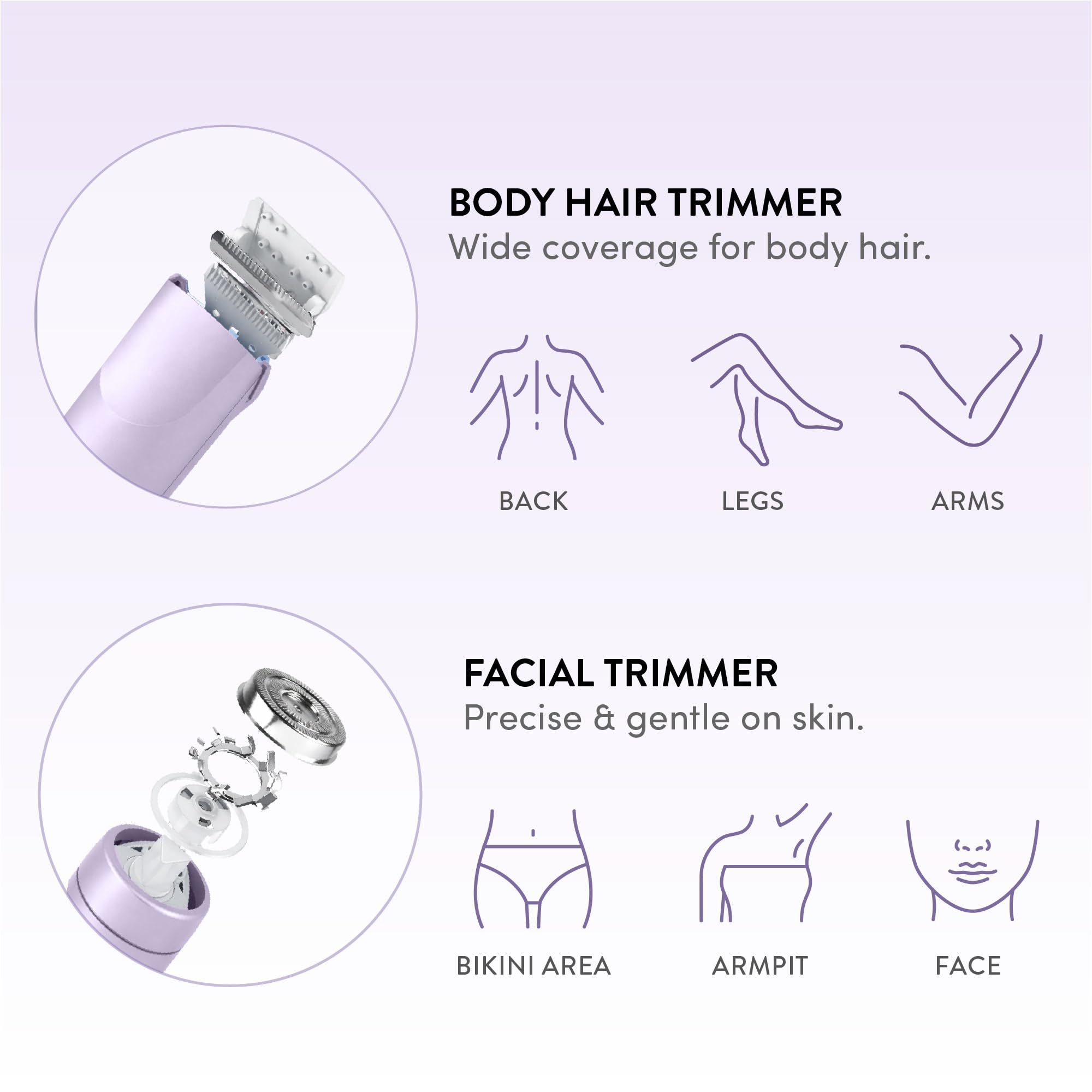 MAVIÉ Recortadora de bikini de doble cabeza para mujer, maquinilla de afeitar eléctrica para cara y cuerpo, herramienta de depilación indolora, cabezales de afeitado de precisión y cuerpo, recargable