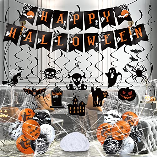 Party Hanging Decorations Kit - Swirl, Banner, Balloons with Spider Web Stretchable Cobweb for Halloween Indoor Outdoor Decoration