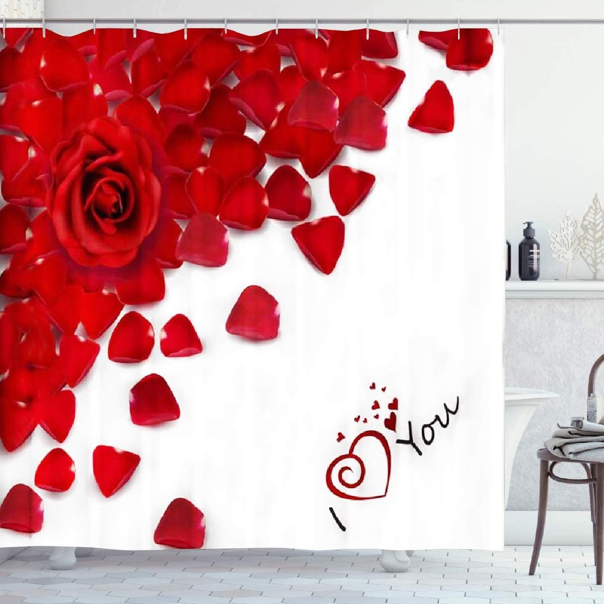 4 Pcs Valentines Shower Curtain Sets with Rugs, Non-Slip Rugs, Toilet Lid Cover, Bath Mat, 3D Romantic Red Rose Shower Curtain with 12 Hooks for Bathroom (Shower Curtain Sets A