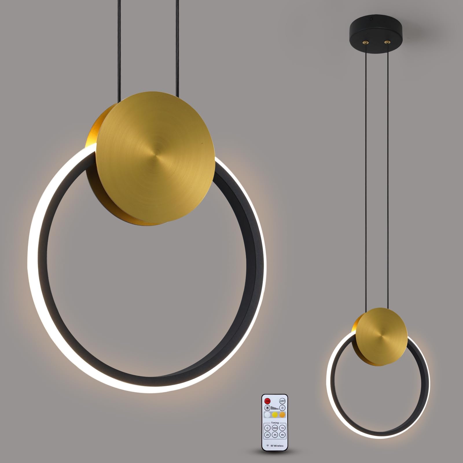 Modern Black and Gold Pendant Lights Fixture, RC Dimmable LED Pendant Lighting for Kitchen Island, Round Small Linear Pendant Light for Dining Room Sink Bedroom Bathroom, Single, Height Adjustable