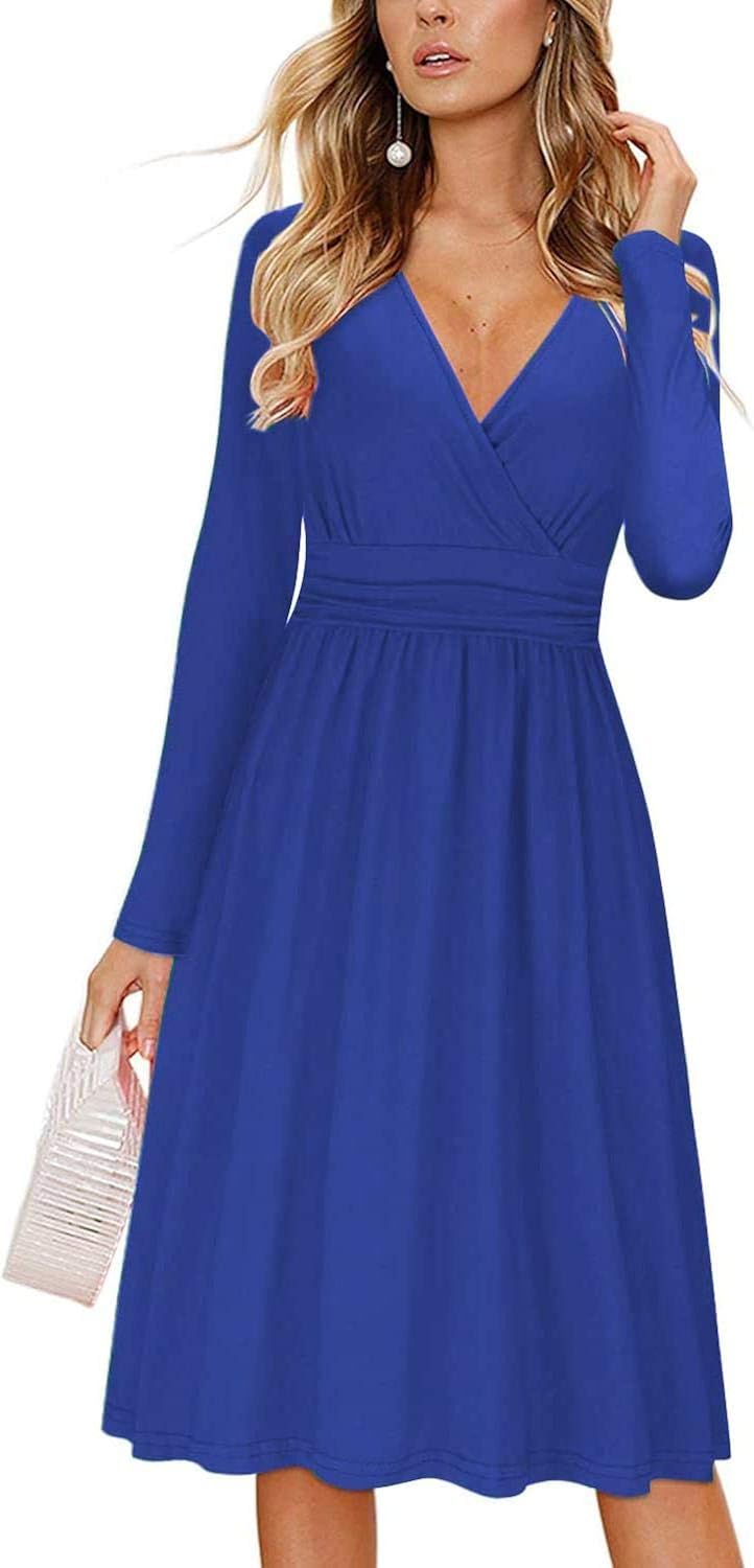 OUGES Womens Long Sleeve V-Neck Wrap Waist Party Dress with Pockets